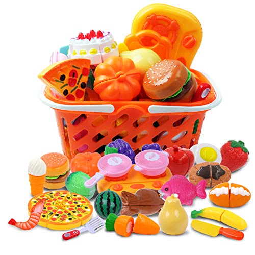 giocattoli per far finta di cibo giocattolo per bambini con scatola di immagazzinaggio 32 pezzi frutta e verdura per tagliare cibo Cibo da gioco in legno 32 pezzi Medoga 