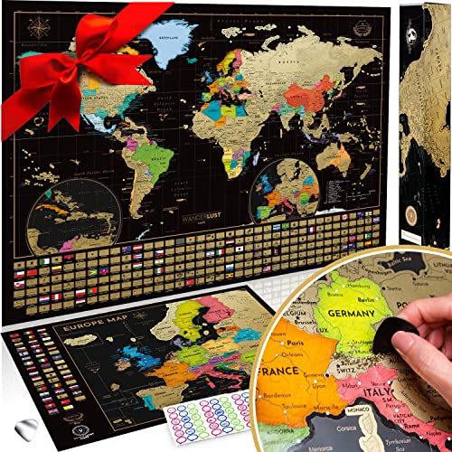 Bianco Bakaji Poster Mappamondo da Grattare Cartina Geografica Mappa del Mondo Scratch Off Dimensione 60 x 40 cm da Parete Muro Design Moderno Custodia Cilindro e Lima Idea Regalo